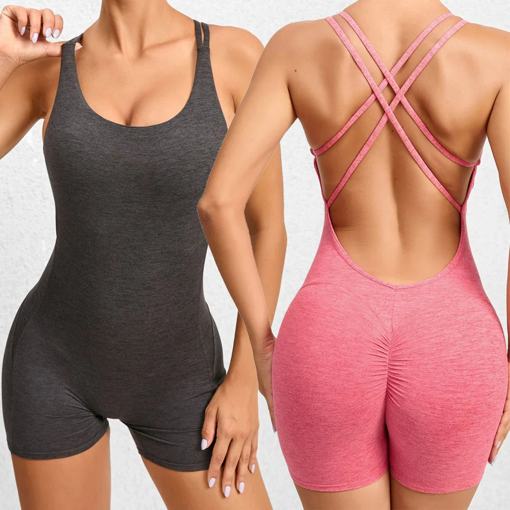 SHINBENE Women Training Sports Jumpsuits Scrunch Butt Spaghetti Strap Dancing Rompers Yoga Shorts Playsuits