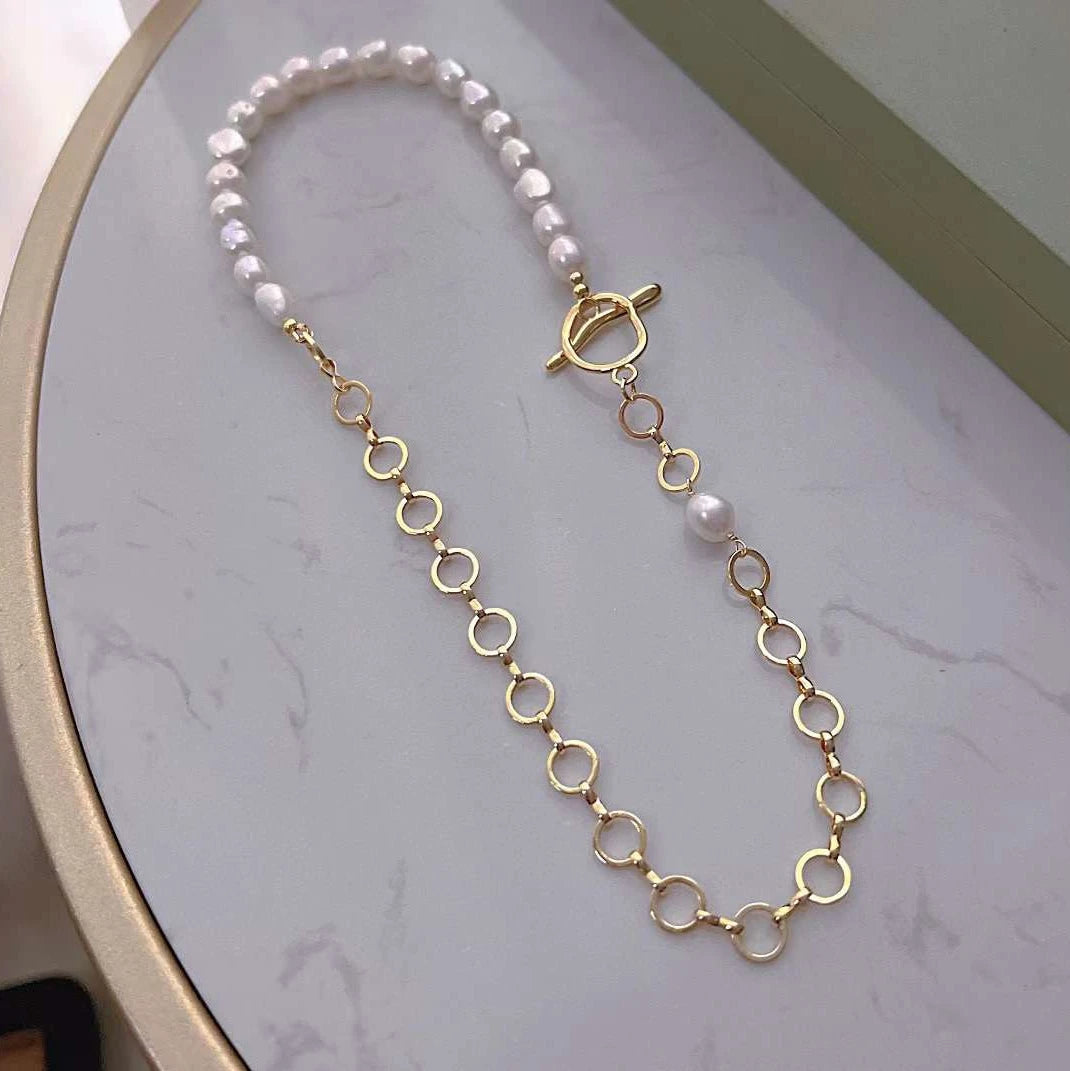 45cm AAAA Grade Baroque Hip-hop Necklace 7-8mm Natural Freshwater White Pearl Gold Plated Universal AB Chain for Men and Women
