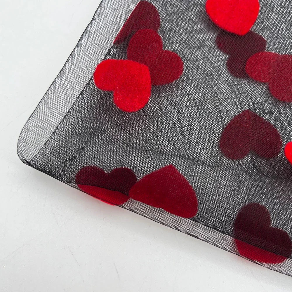 Wholesale 100% Polyester Soft Black Red Heart Wedding Lace Flocking Velvet Design Print Lace Flocking Fabric for Tulle Dress