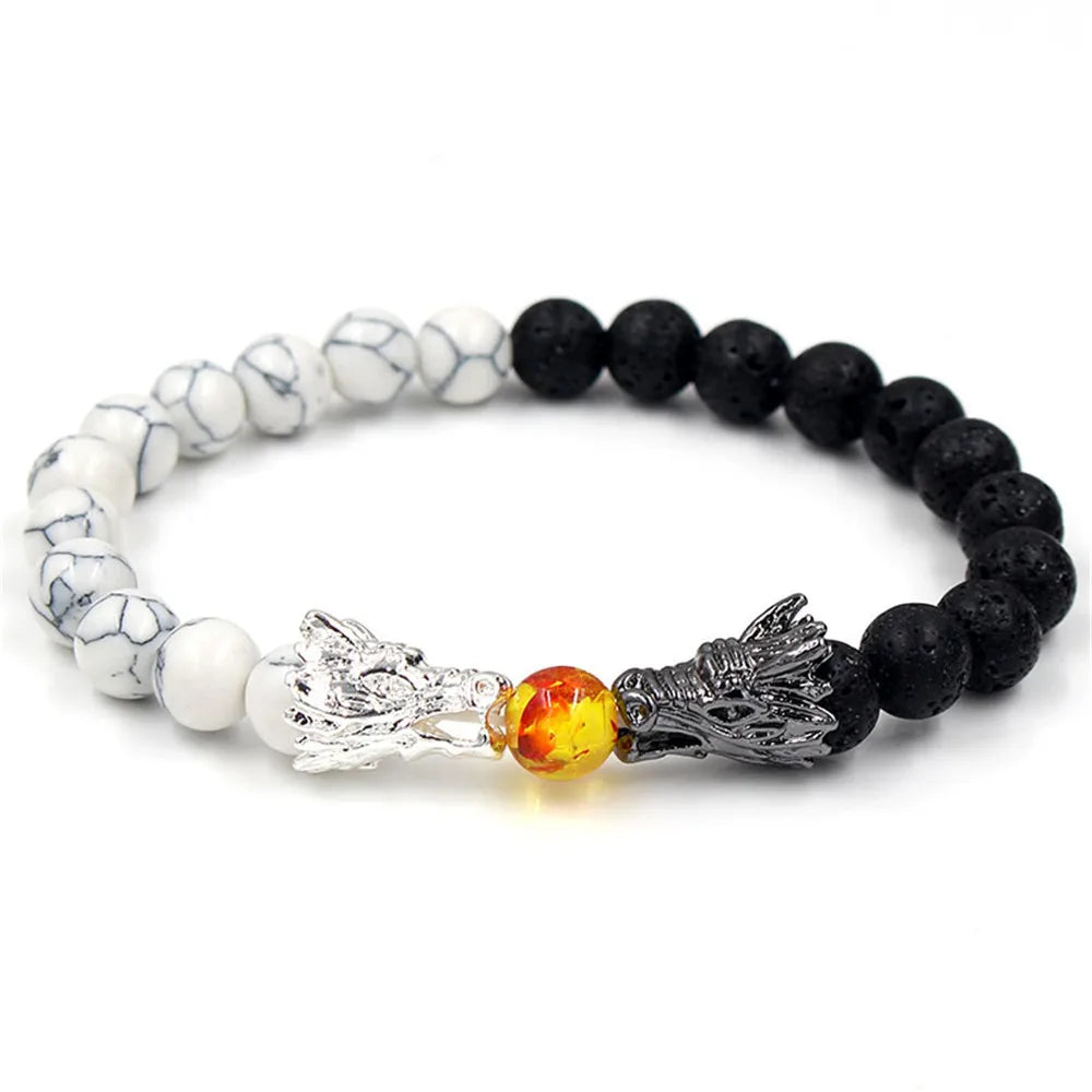 Gold Plated Dragon Head Beaded Bracelet Trendy Religious Animal Pattern Volcanic Stone White Turquoise Citrine Amber for Gift