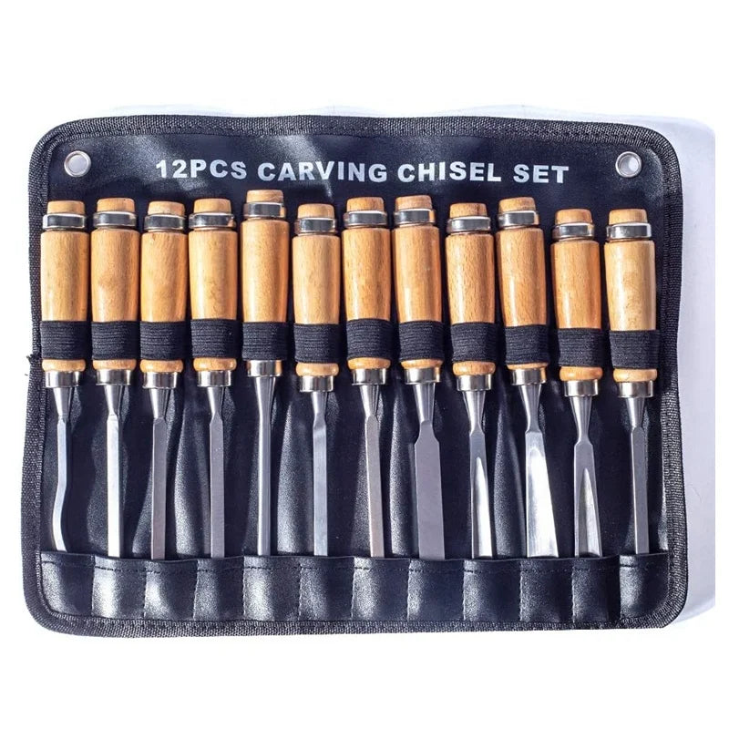 12pcs Wood Carving Chisel Set Sharp Woodworking Tools With Case Storage for Woodworking Tools Lathe Chisel 335*275mm 65mn65mn