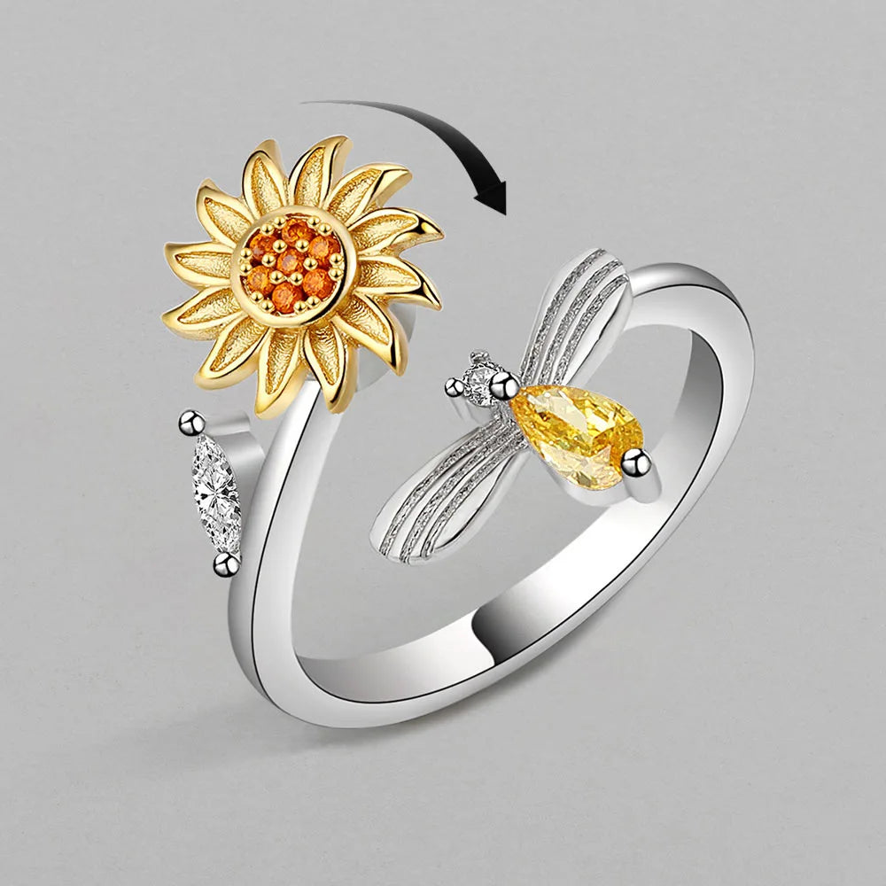 Fashion Floral Jewelry Rotatable Ring Silver Plated Jewelry Sunflower Fidget Ring Woman