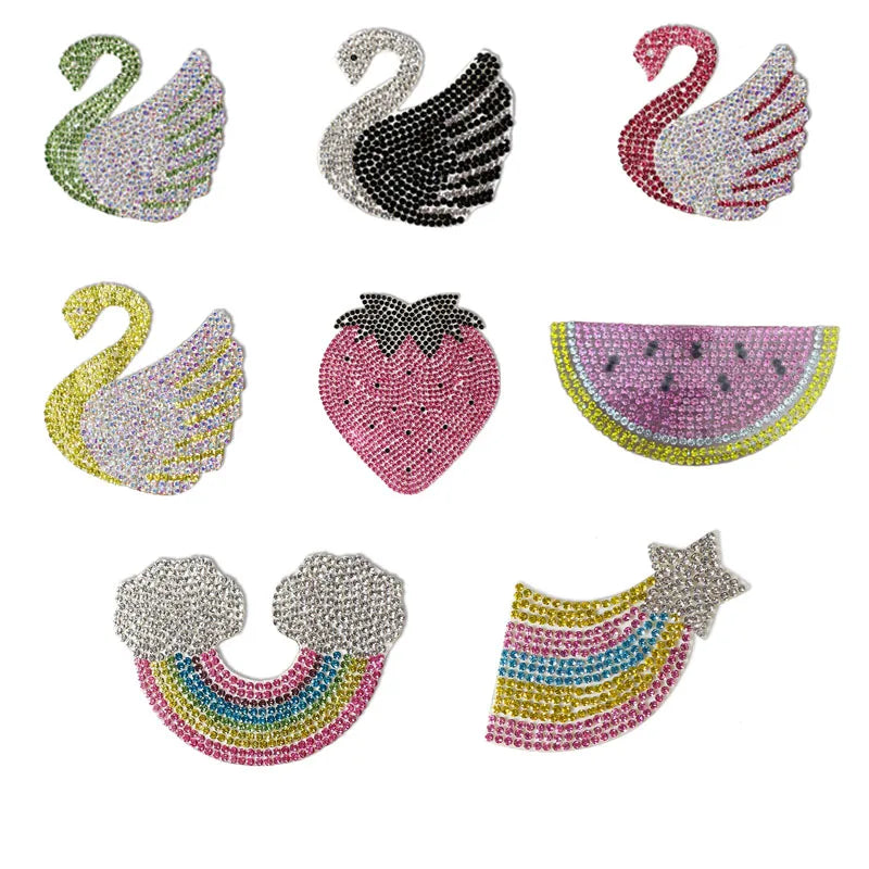 Stock Iron on Rhinestone Watermelon Strawberry Swan rainbow Patch for Clothes Bag Hat Decoration