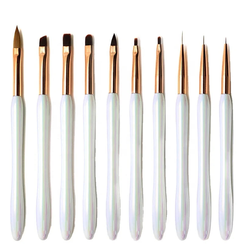 Custom Logo Aurora White Acrylic Handle Gel UV Painting Drawing Nail Brush Nylon Liner Oval Flat Oblique 3D Acrylic Nail Brush