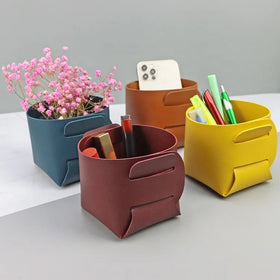 Wholesale Fast Delivery Decorative Bedside Entryway Foldable Storage Tray Pen Makeup Brush Remote Control Pu Leather Basket Box