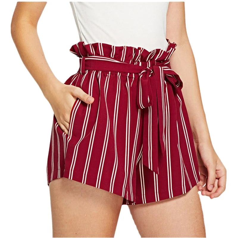 Spring and Summer New Loose Fashion Shorts Casual Striped Ladies Shorts Elastic Belt Waist Slim Casual Lace-up Pants 10%