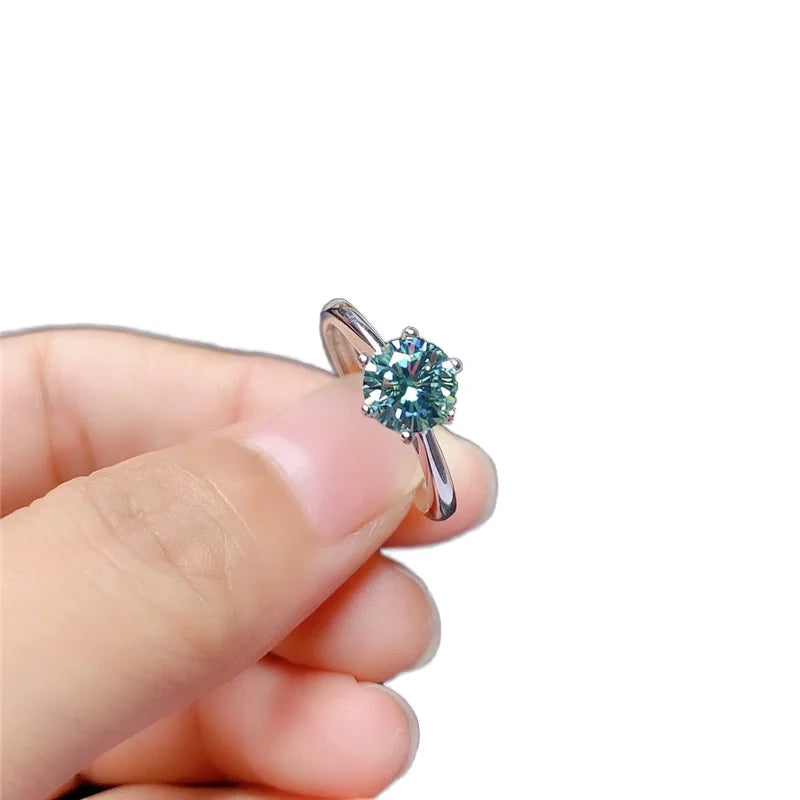 Classical 6.5mm Round Perfect Blue & Green Moissanite Ring for Women 925 Sterling Silver Elegant Jewelry
