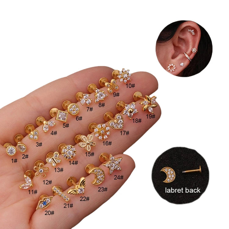 G355 Gold Body Piercing Jewelry Cartilage Stud Piercing Flower Moon Snowflake Tragus Ear Piercing Earring