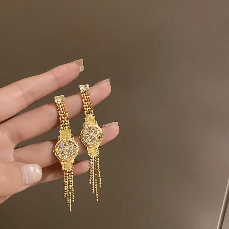 HOVANCI Statement Micro Pave Cubic Zirconia Watch Dangle Earrings 7 Gold Plated Bling Diamond Watch Chain Tassel Earrings