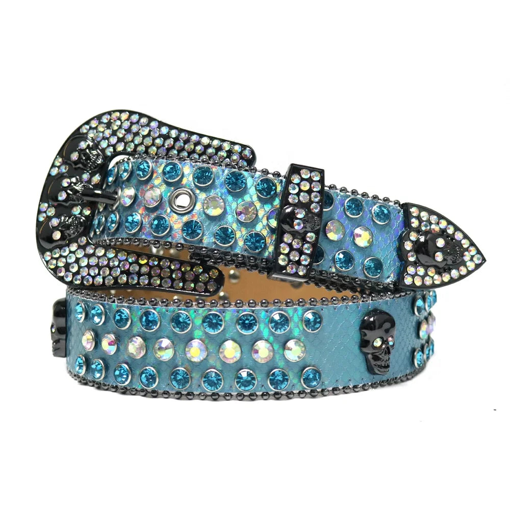Customized Western Cowboy Rhinestone Skull Rockstar Belt Men Diamond Skull Buckle Leather Belt Wholesale