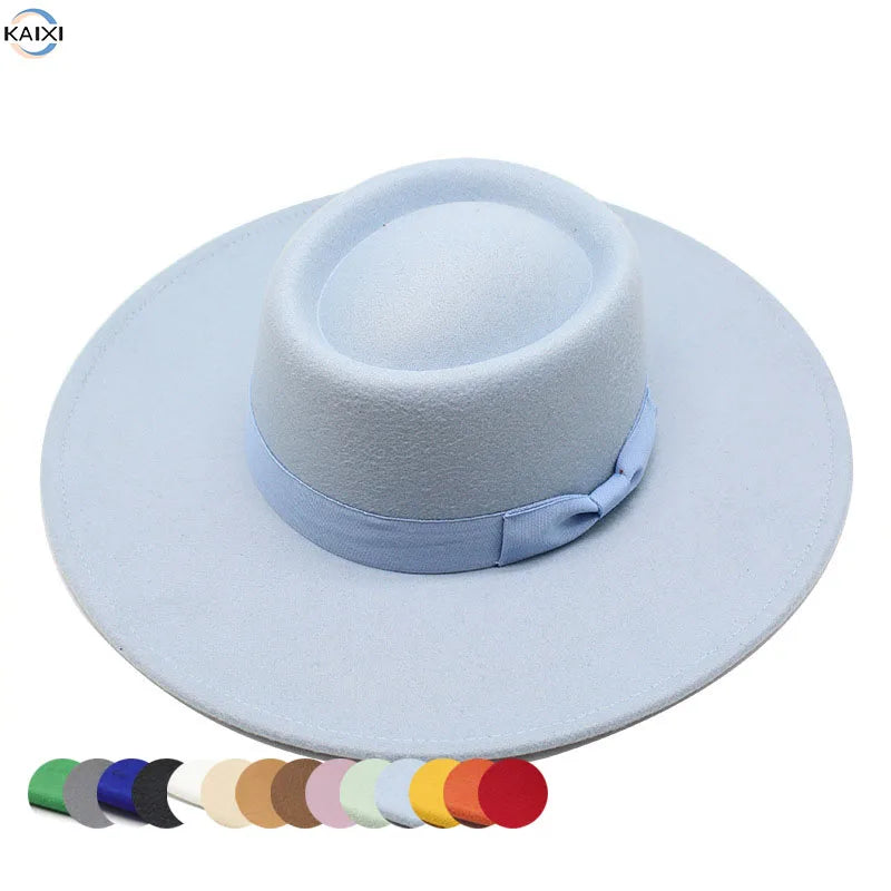 Wholesale New Trendy Cotton Polyester Custom Wide Brim Flat Top Boater Fedora Hats for Women Lady Fall Winter Fashion Dress