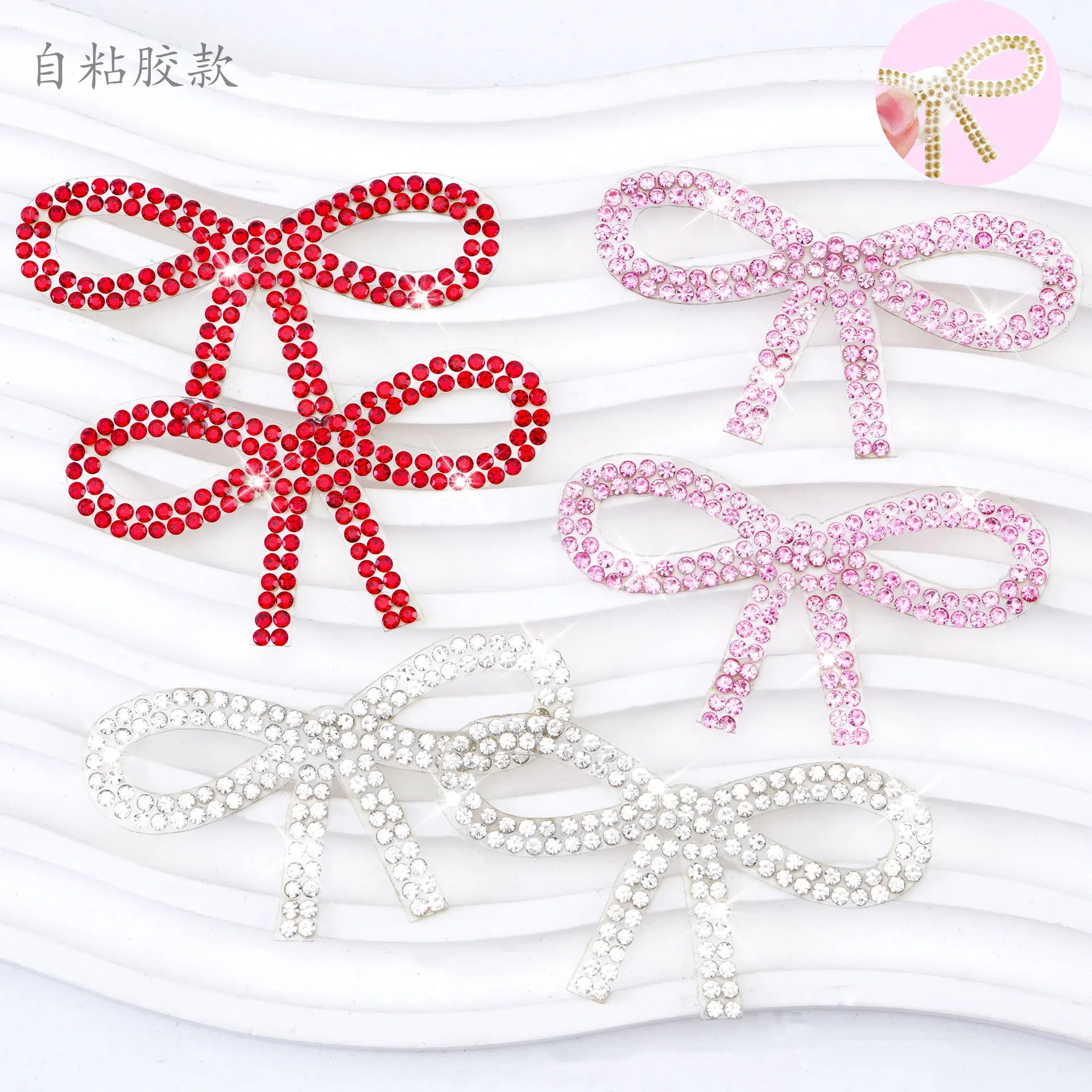 New Self Adhesive Mini Size 3*5.7cm Shiny  Pink Red  Rhinestone Small Bow Knot Patch for Clothes Bag Decoration