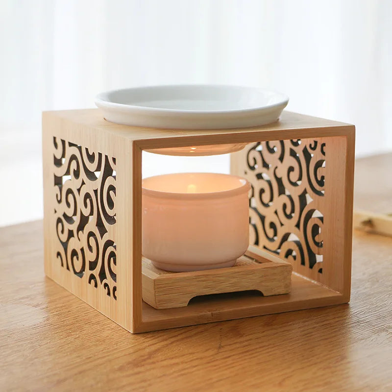 Scented Wax Melt Burner with Candle Holder Aromatherapy Aroma Burner Oil Diffuser Bamboo Essential Oil Burner for Yoga Spa