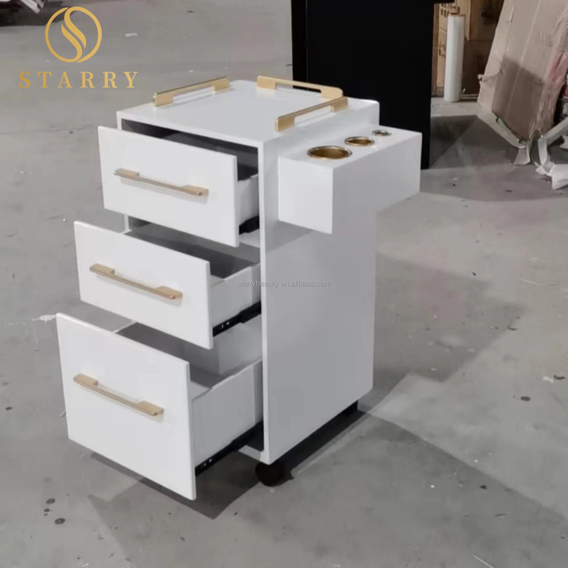Professional Luxury Modern Barbershop Salon Trolley with 4 Drawers Rolling Gold Side for Hotel & Gym Use