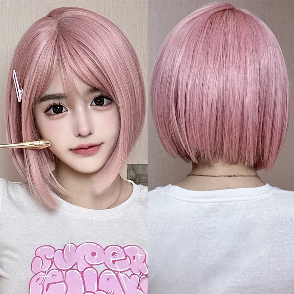Factory Outlet Light Warm Pink Bob Synthetic Hair Wigs Short Straight Lolita Wig with Bangs for Women Cosplay Daily Hair