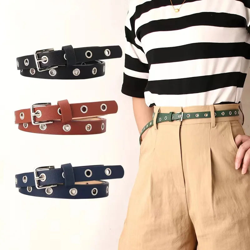 JULUN Belt Manufacturer Multi-Color Designer Belts Women Thin Black Leather Belt Silver Buckle Eyelet Adjustable for Jeans Pants