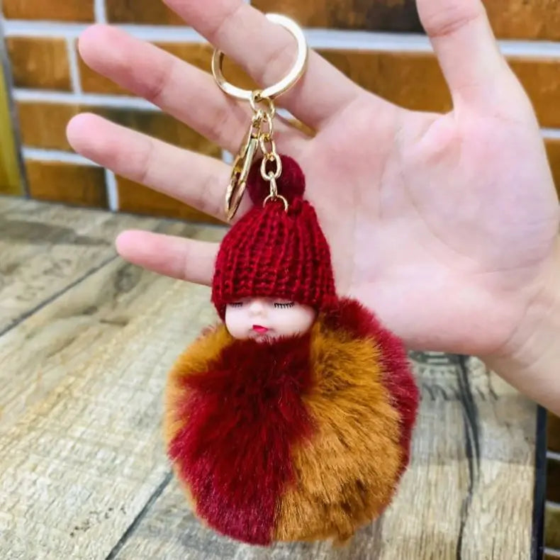 Colorful Sleeping Baby Doll Key Chains Hanging Hair Ball Pendant Cute Fluffy Pom Pom Plush Sleeping Baby Keychain Bag Ball Toy