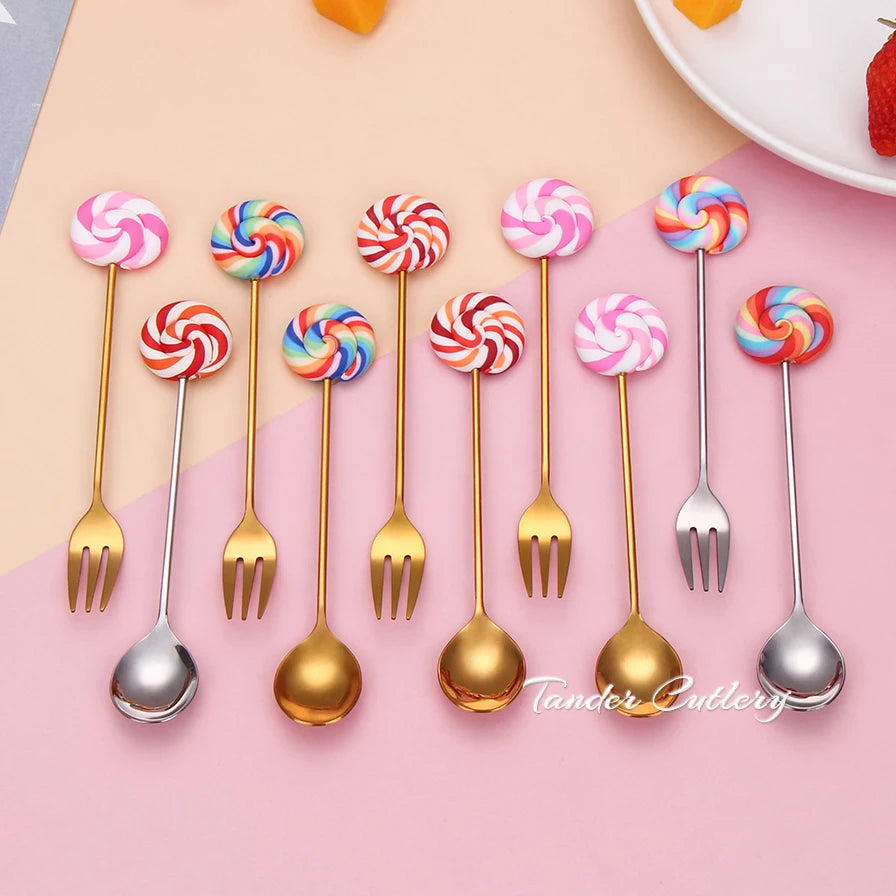 18-10  Colorful Lollypop Spoon 304 Stainless Steel Tableware Creative Cartoon Fruit Fork Dessert Spoon Set for Gift