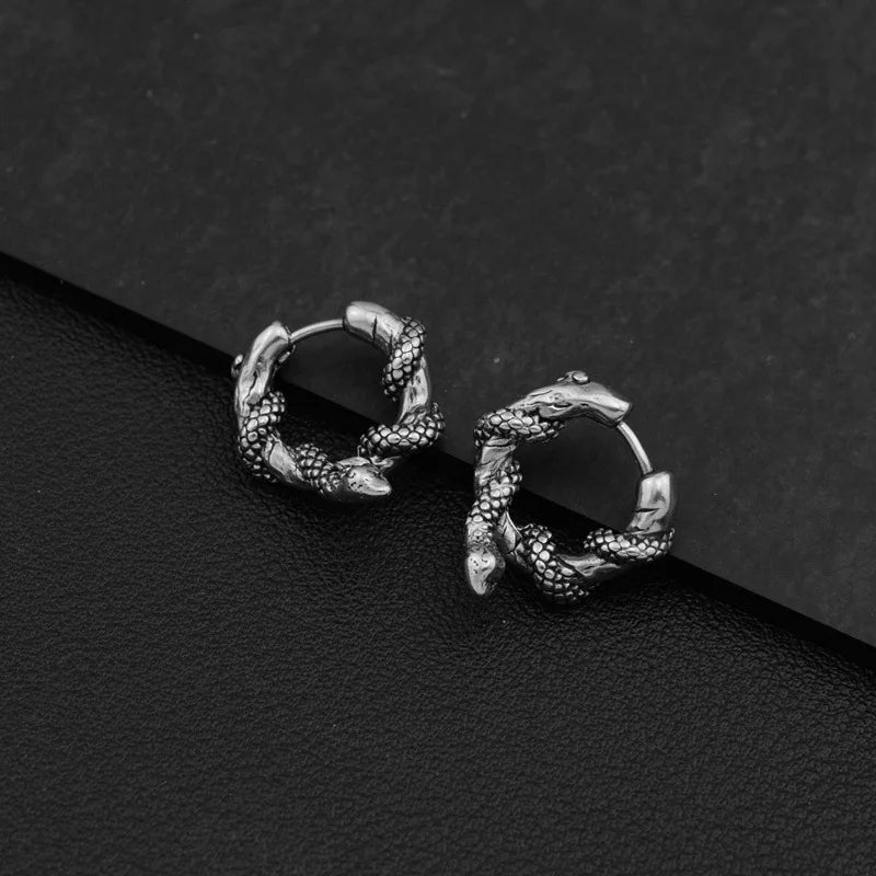 Wholesale Fashion Retro Stainless Steel Serpentine Wrapped Earrings Personalized Gothic Punk Style Round Earrings Men's Jewelry