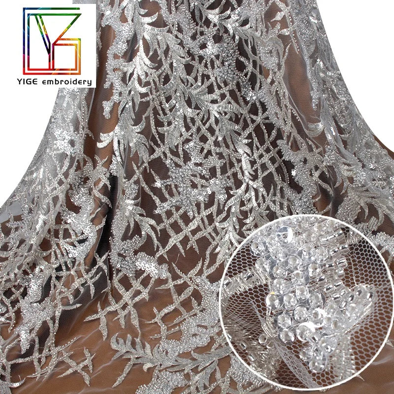 New Hot Sale African White 3d Silver Thread Beaded Sequins Lace Wedding Bridal Tulle Lace Dress Fabric for
