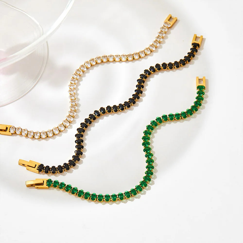 Customized Multi Color Full Zircon Tennis Chain Bracelet Tarnish Free 18k Gold Plated Stainless Steel Cuff Bracelet for Women