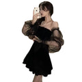 Black Retro Dress Women Lace Chiffon Mini Dress Street Sexy Off Shoulder Korean Fashion Dress Y2k Top Drop Shipping