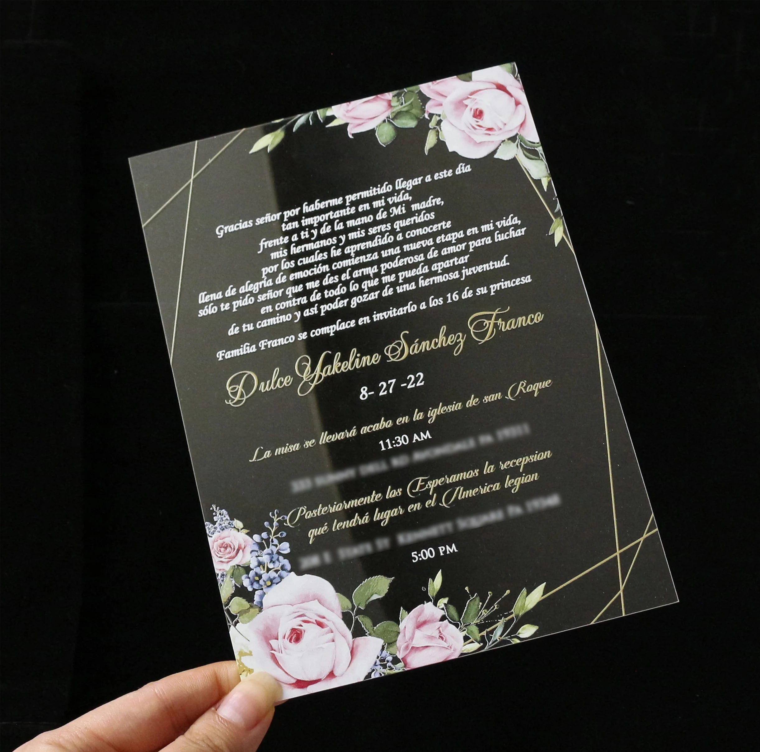 Customized Shape 5*7inch Transparent with Color Printing Pattern Fancy Marriage Floral Wedding Acrylic Invitation Card