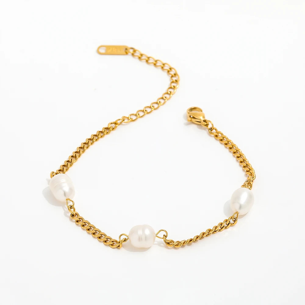 Fenny 18K PVD Plated Wholesale Waterproof Elegant Natural Freshwater Pear Basic Chain Mixed Stainless Steel Bracelet for Women