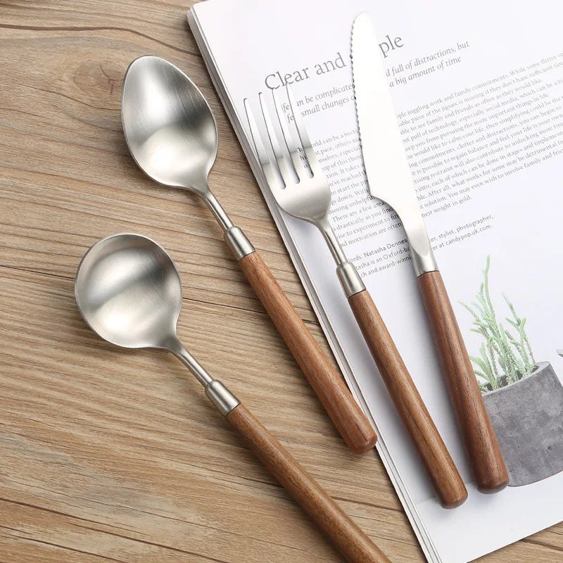 18/10 Mirror Polish Cutlery Set with Vintage Wood Handle Sustainable Stainless Steel Flatware for Wedding Hotel