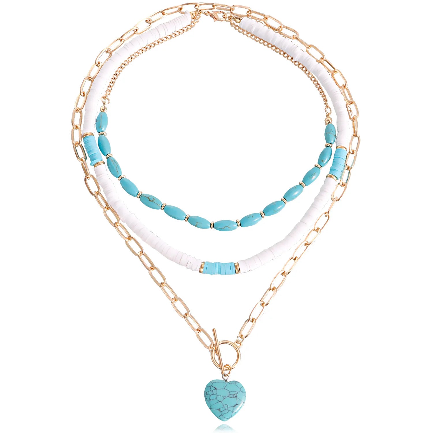 Boho Beach Heart Pendant Handmade Soft Polymer Clay Synthetic Turquoise Stone Bead 3-Layer Wedding Gift Women's Necklace