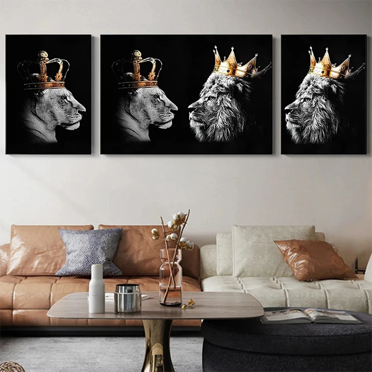 Male lion and Lioness Wearing Crown Black and White Wildlife Canvas Art Prints Poster Print Home Decoration Wall Art Painting