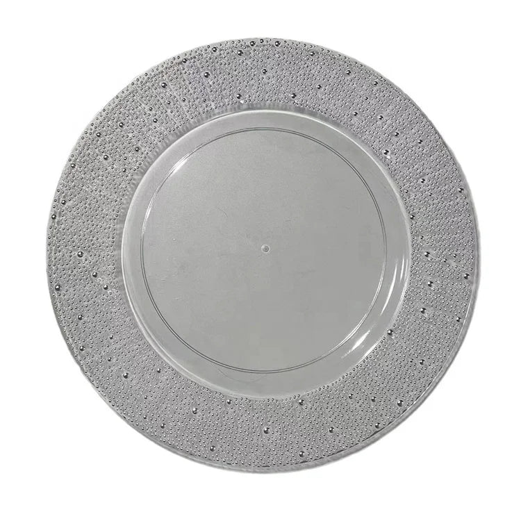 Wholesale Clear Plastic Pearl Beaded Plates Wedding Decoration Price Clear Charger Plates with Silver Beads