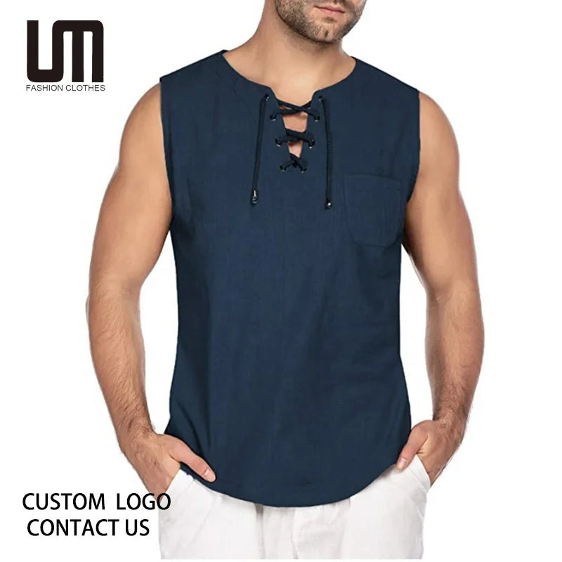 Liu Ming Clearance Sales Wholesale Men Casual Solid Color Loose Linen Cotton Shirt Sleeveless Vest Tank Tops