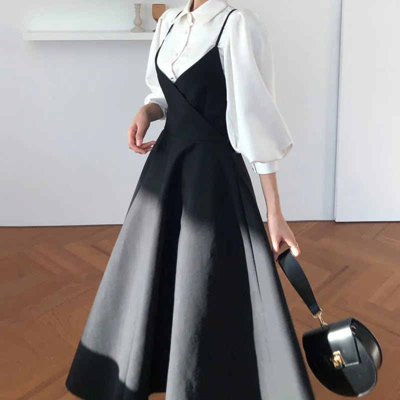 New Spring Dress Women Single Breasted Lantern Sleeve Shirt Set+Camisole Bow Pleated Solid Dresses