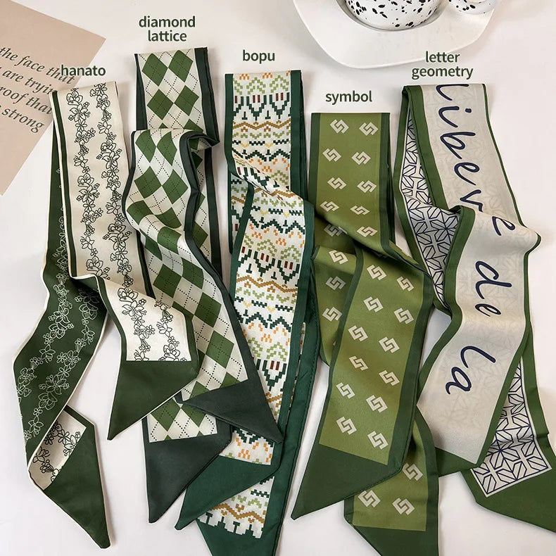 Fashion Women Silk Long Hairband Necktie Green Print Floral Skinny Ribbon Scarf Bag Wrist Girl Waist Summer Hair Accessories