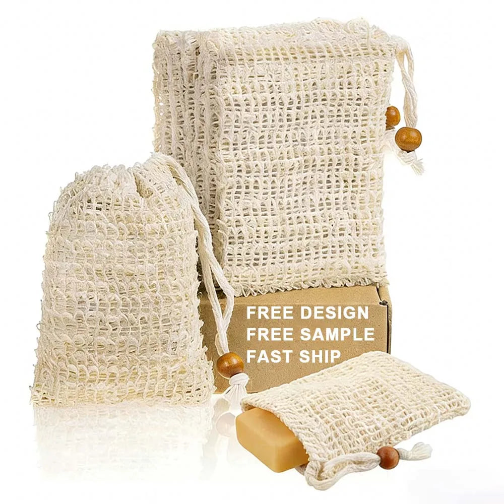 Custom Logo Natural Sisal Soap Bag Exfoliating Sisal Soap Saver Pouch Bag Biodegradable Sisal Soap Mesh Net Bag