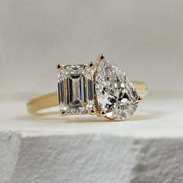 18K Gold Emerald/Pear Cut 1CT Double Setting Lab Grown Diamond Rhodium Plated Classic Unisex Wedding Ring IGI Certified