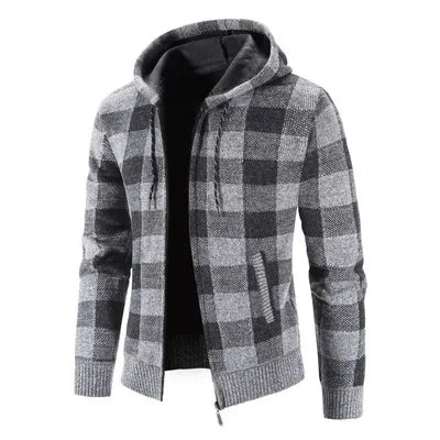 Velvet Thick Plaid Sweater Plus Size Men's Coat Hooded Cardigan Jacket