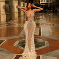 Scz013 Luxury Feathers Mermaid Champagne Evening Dresses for Women Wedding 2023 Spaghetti Straps Prom Formal Gowns