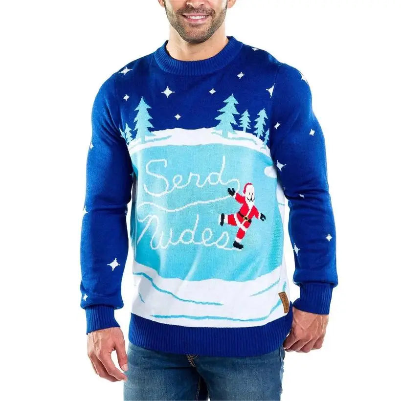 2026 OEM Manufacturer Custom Embroidered Jacquard Print Logo Knitted Blue Snowflake Santa Ugly Christmas Sweater Jumpers
