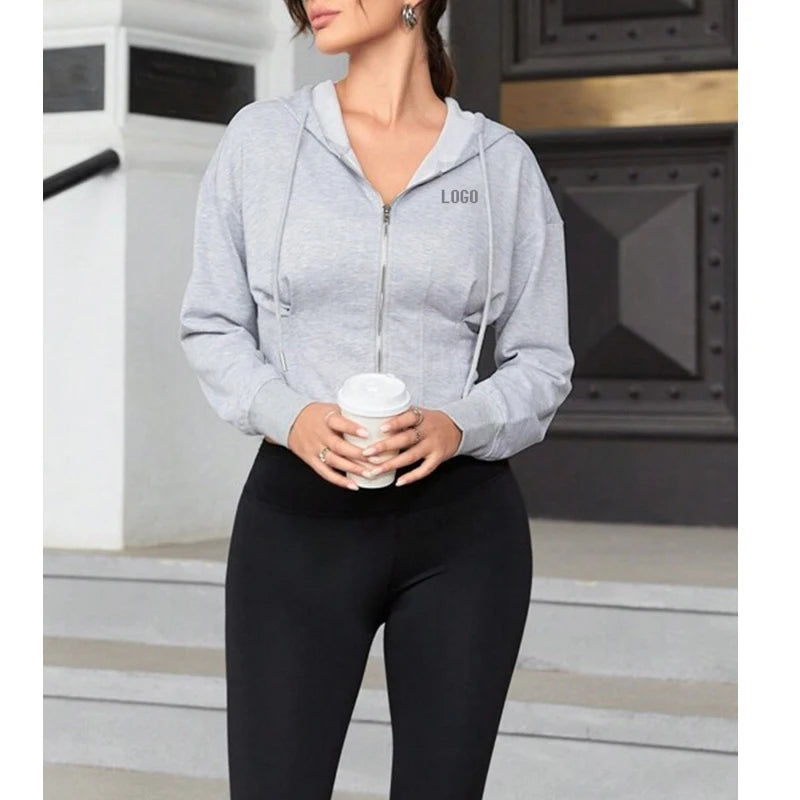 F240012 Custom Fit Long-Sleeve Hoodies Double Zippers Slim Hoodie for Women Fitness Short Workout Yoga Sports Jacket for Women