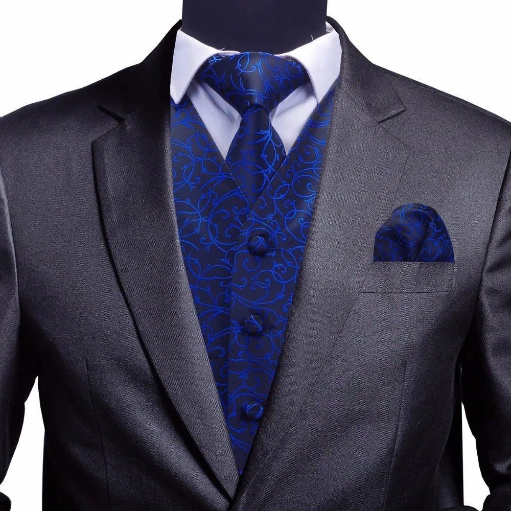 Mens Floral Waistcoats Quality Men Vest & Necktie & Handkerchief Set Fit Slim Coletes Chaleco Hombre for Business Party Wedding
