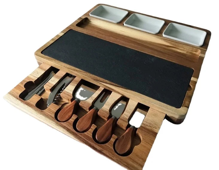 Custom Square Western Pastry Plate Knife Cheese Board Set Modern Design Acacia Wood Tableware Factory Direct-CNLF Engraving