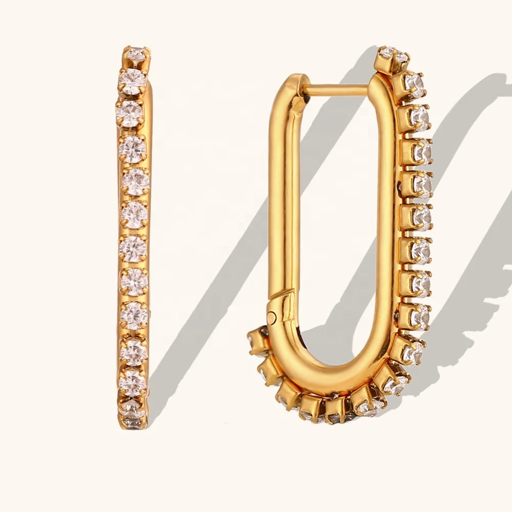 Dingran 2024 Bijoux Acier Inoxydable Fashion Design U Shape Zircon Hoop Earring 18k Gold Plated Stainless Steel Jewelry Earrings