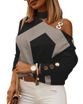 Factory Price Autumn and Winter Long-sleeved Chain Hanging Neck Printed Button Decorative Top for Women