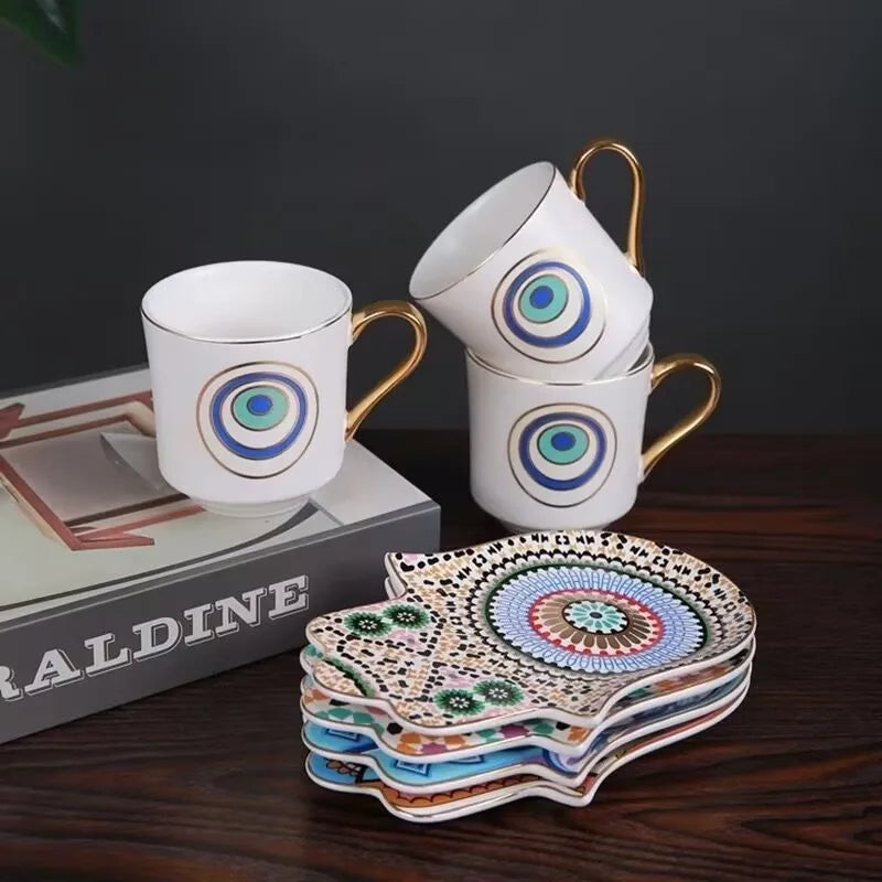 L Retro Hanging Ear Creative Ceramic Cup Turkish Coffee Cup and Saucer Set Devil's Eye Hamsa Hand Dish Dim Sum Mug Boutique Gift