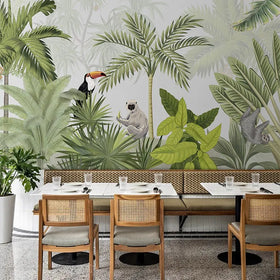 Banana Leaf Animal Background Wall Covering Tropical Rainforest Wallpaper Forest Green Plants Restaurant Hotel Mural