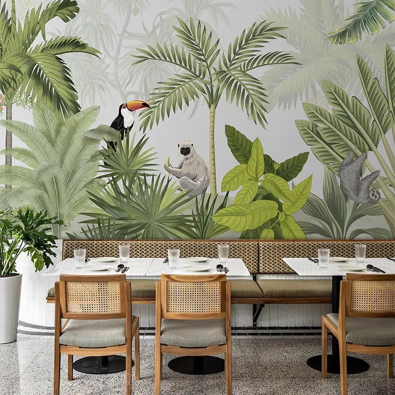 Banana Leaf Animal Background Wall Covering Tropical Rainforest Wallpaper Forest Green Plants Restaurant Hotel Mural