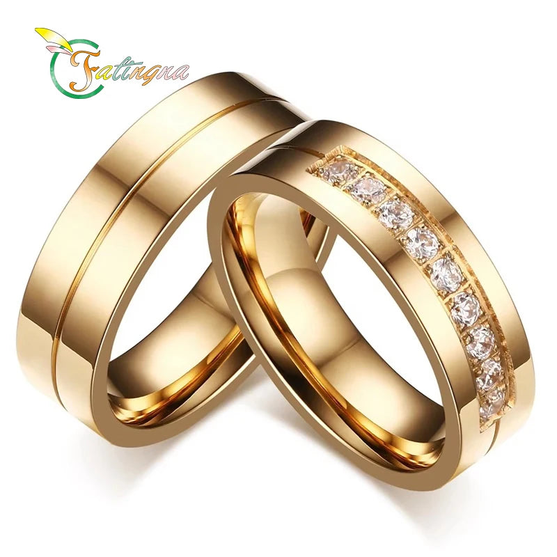 Fatingna Trendy Wedding Bands Rings for Women / Men Love Gift Gold-color Stainless Steel CZ Promise Couple Jewelry