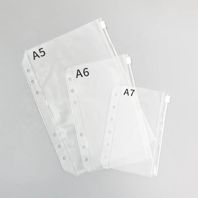 Promotional Loos-Leaf A5 A6 A7 PVC Storage Bag Business Card Holder Money Organizer Waterproof Cash Envelopes with Zipper